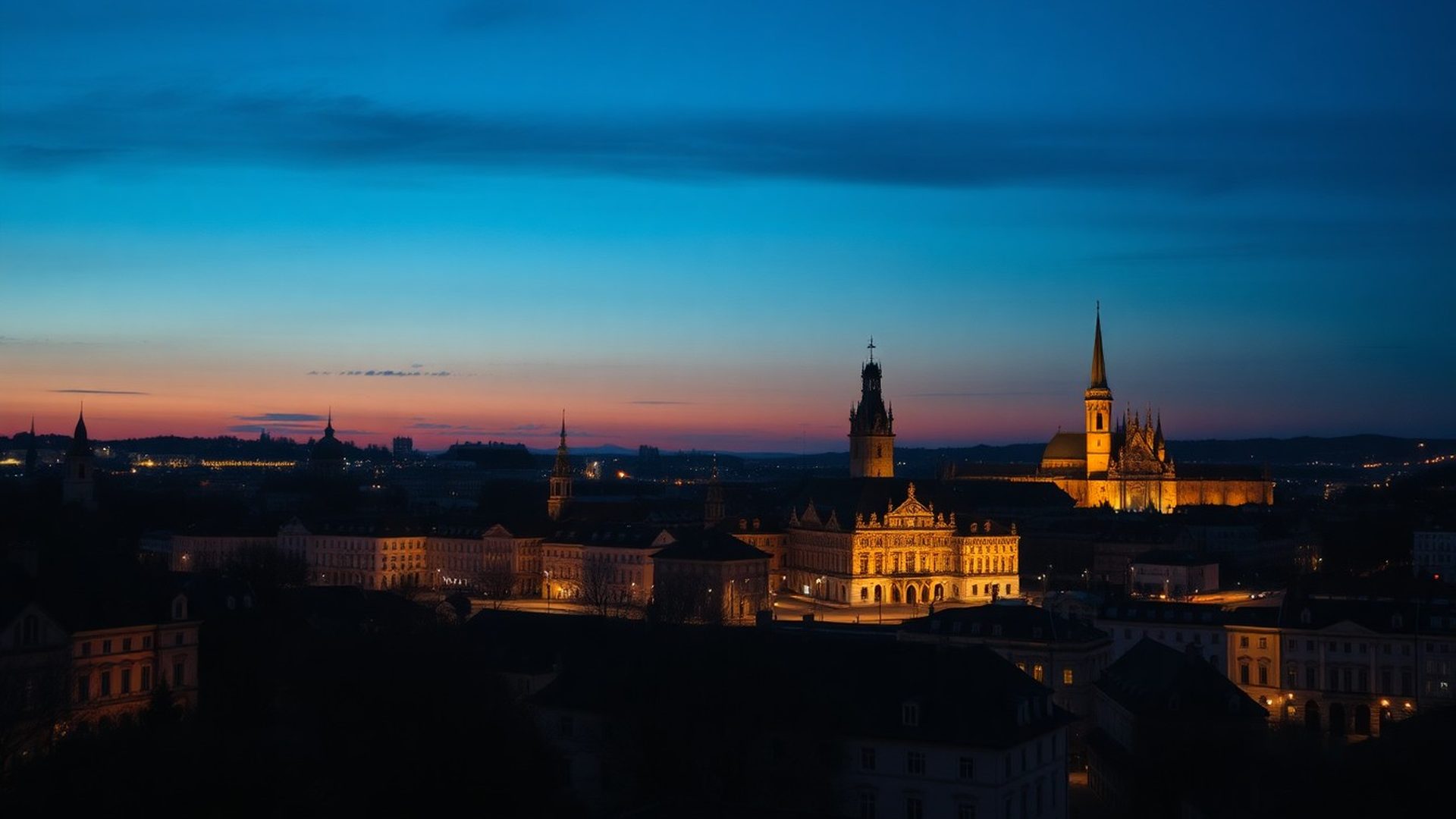 Panorama českého města v podvečer s indigovým nádechem
